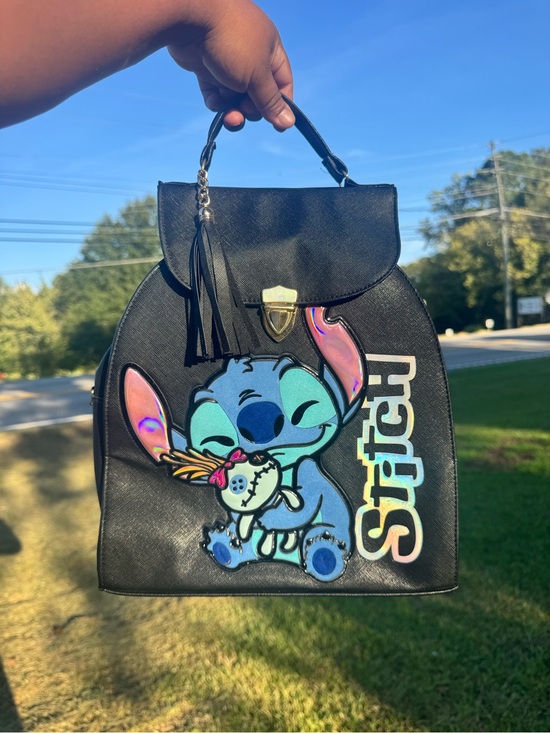 Love Stitch Handbags - Love Stitch Black Faux Leather Backpack with Holographic Stitch Applique